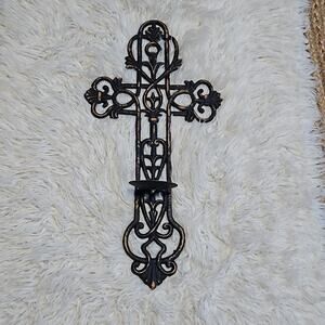 Metal Weathered Wall Cross Candle Holder